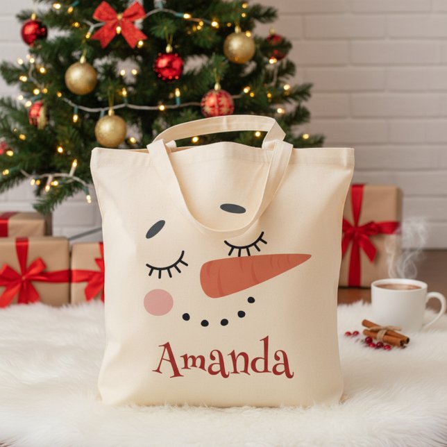 Lycklig Snögubbe Ansikte Personlig Namn Helgdag Tygkasse (Happy Snowman Face Personalized Name Holiday Tote Bag - Just Add Your Name!)
