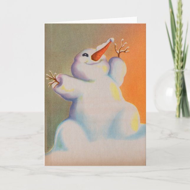 lycklig snögubbe hälsar på morgonen helgkort (Framsida)