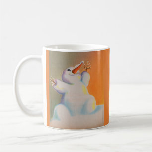 lycklig snögubbe hälsar på morgonen kaffemugg
