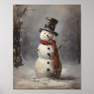 Lycklig Snögubbe, med hatt och rödscarf i skogen Poster