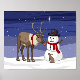 Lycklig, Snögubbe och Cute Reindeer Poster