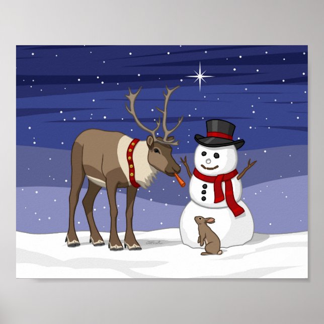 Lycklig, Snögubbe och Cute Reindeer Poster (Framsidan)