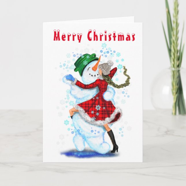 Lycklig Snögubbe och Girl Dance Tango God jul Kort (Framsida)