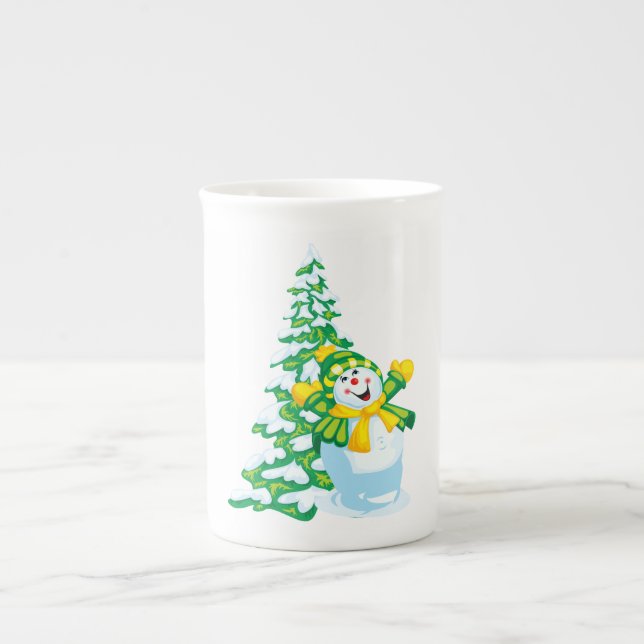 Lycklig Snögubbe Tecknad Benporslin Mugg (Framsidan)
