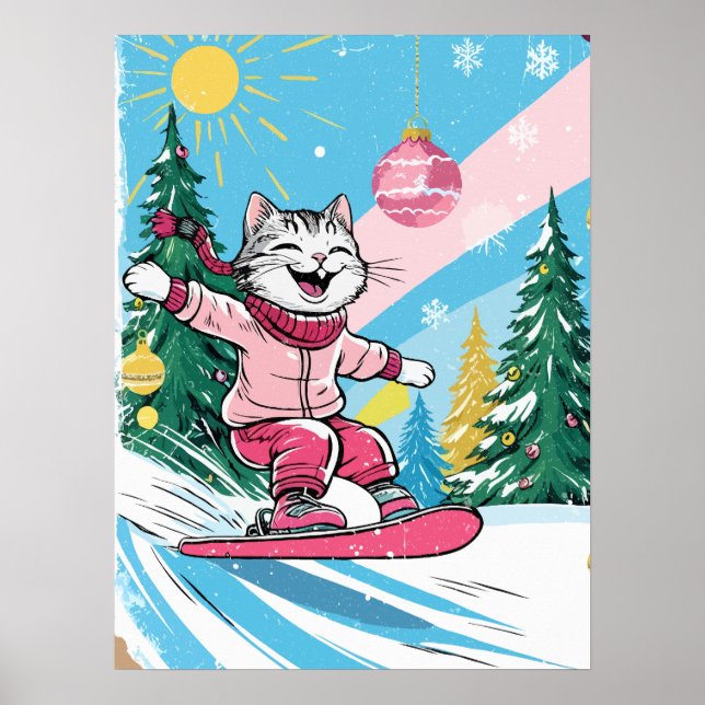 Lycklig Snowboarding Cat Poster (Framsidan)