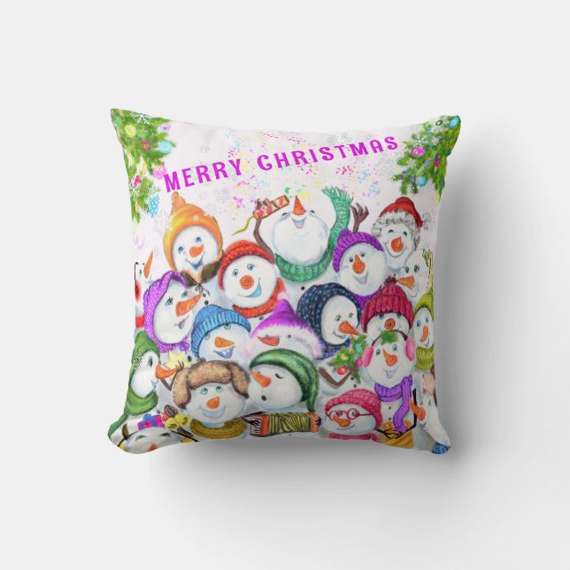 Lycklig Snowmans jul Pillow Kudde (Framsida)