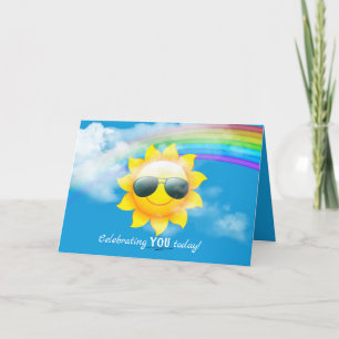lycklig sol med solglasögon födelsedag helgkort