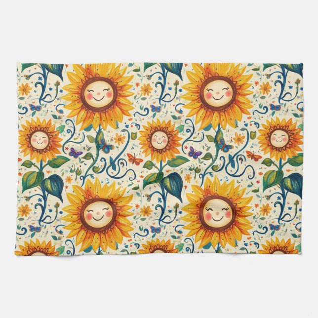 Lycklig Solblommor: Cheery Solros Mönster Kökshandduk (Horisontell)