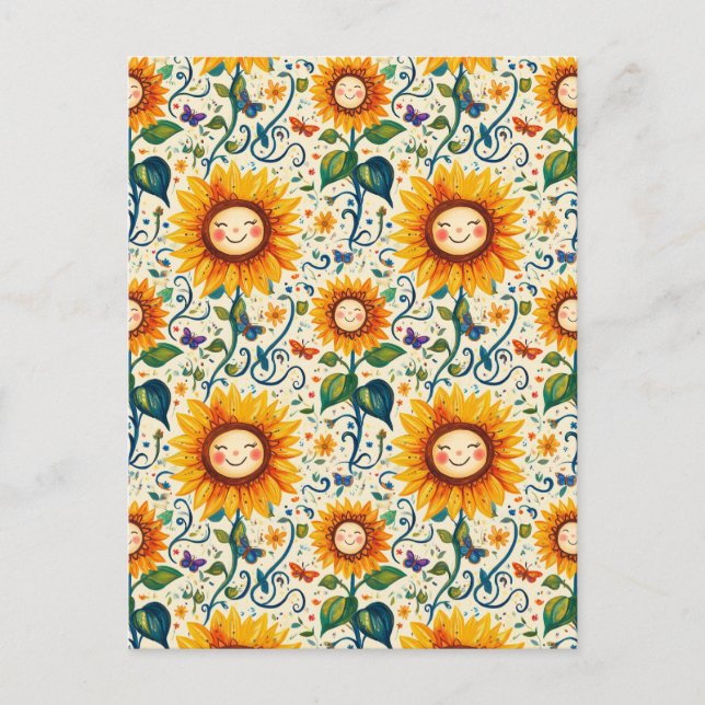 Lycklig Solblommor: Cheery Solros Mönster Vykort (Framsida)