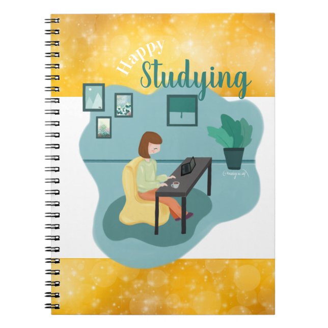 Lycklig som studerar Guld Grönt Illustration Anteckningsbok (Framsidan)