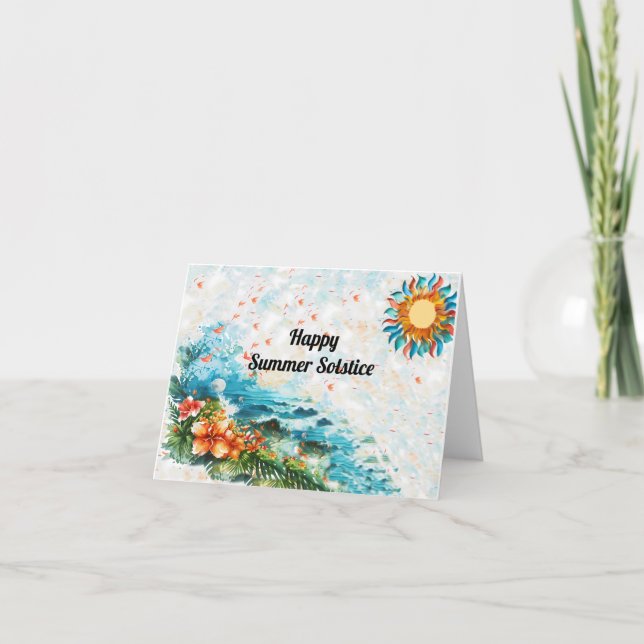 Lycklig Sommarsolstice Sol Flowers Sea Kort (Framsida)