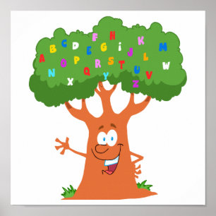 lycklig söt tecknad abc alphabet träd poster
