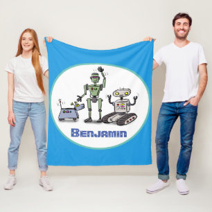 Lycklig söta robotar trio tecknad på blå bakgrund fleecefilt