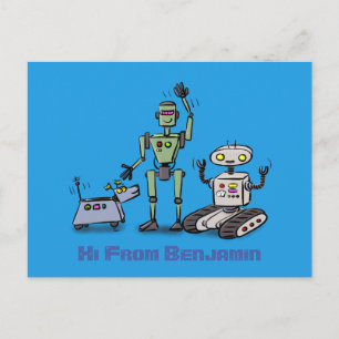 Lycklig söta robotar trio tecknad på blå bakgrund vykort