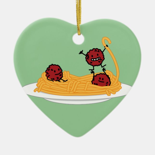 Lycklig spagetti och Meatballs Julgransprydnad Keramik (Framsidan)