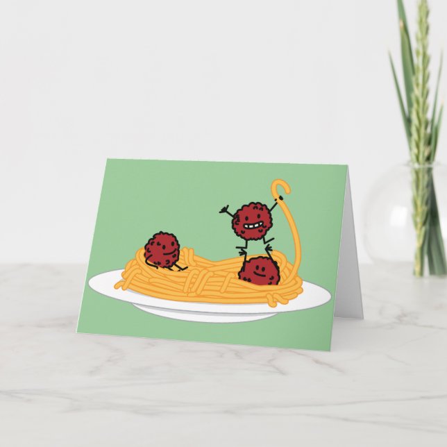 Lycklig Spaghetti och Meatbollar Tack Kort (Framsida)