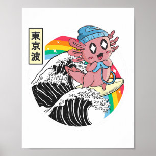 Lycklig Spelande Axolotl Surfande Kanagawa Våg Kaw Poster