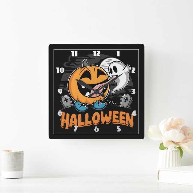 Lycklig spöke och pumpa som firar Halloween-roligt Fyrkantig Klocka (Hem)