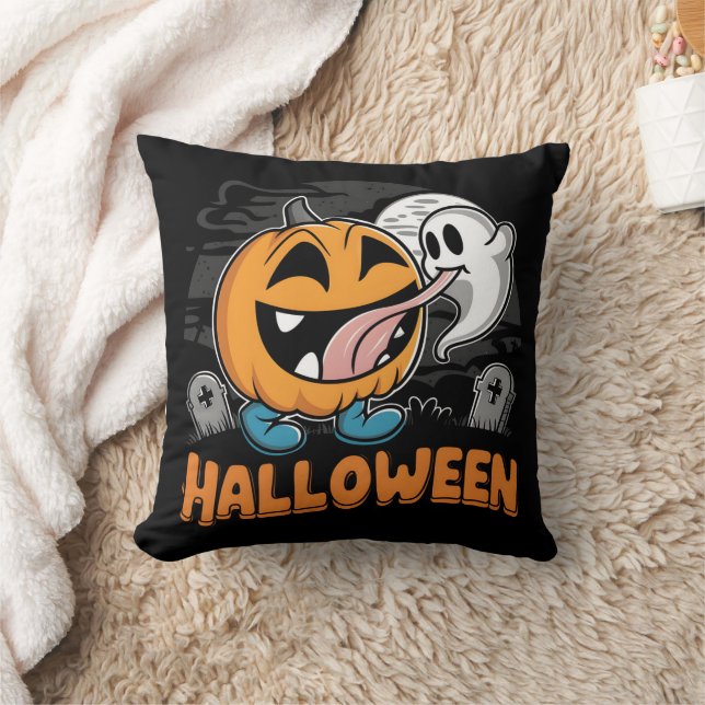 Lycklig spöke och pumpa som firar Halloween-roligt Kudde (Filt)