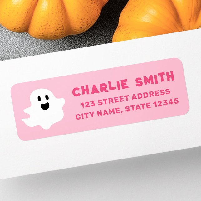 Lycklig spökrosa Halloween returadress Etikett (Happy ghost pink Halloween return address Label)