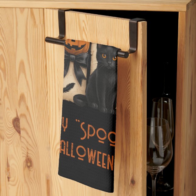 Lycklig "Spooky" Halloween Ghost Black Cat Kökshandduk (Thirds Fold)