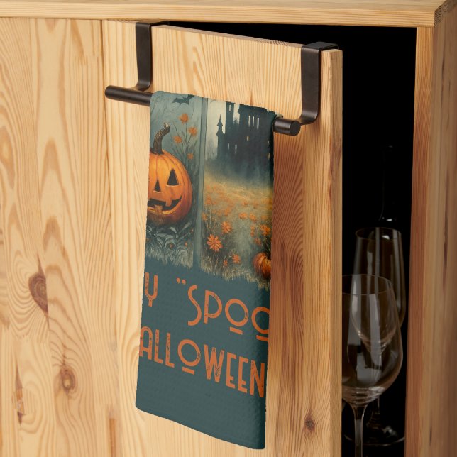 Lycklig "Spooky" Halloween Pumpkin Fågelskrämma Fl Kökshandduk (Thirds Fold)