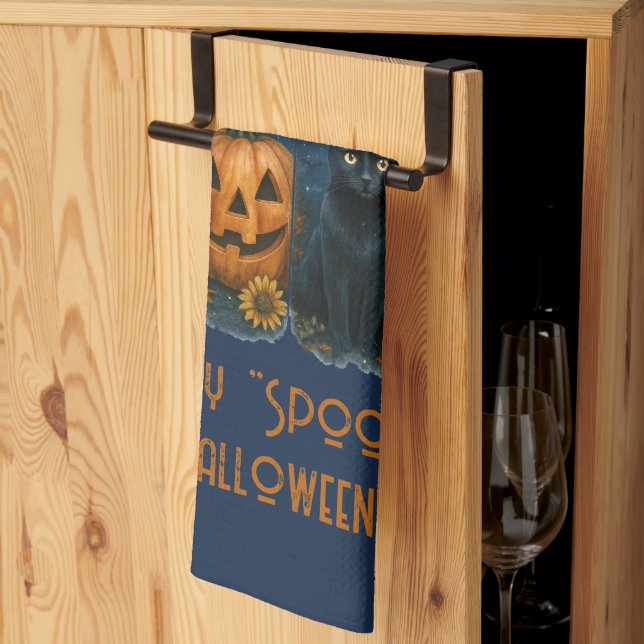 Lycklig "Spooky" Halloween Pumpkin Ghost Black Cat Kökshandduk (Thirds Fold)