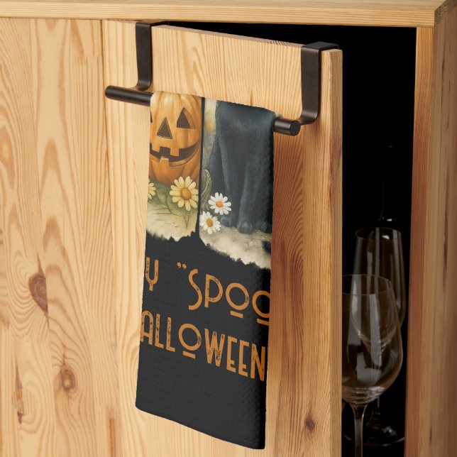 Lycklig "Spooky" Halloween Pumpkin Ghost Black Cat Kökshandduk (Thirds Fold)