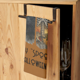 Lycklig "Spooky" Halloween Pumpkin Skeleton Kråka Kökshandduk