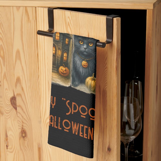 Lycklig "Spooky" Halloween Pumpkins Black Cat Flad Kökshandduk (Thirds Fold)