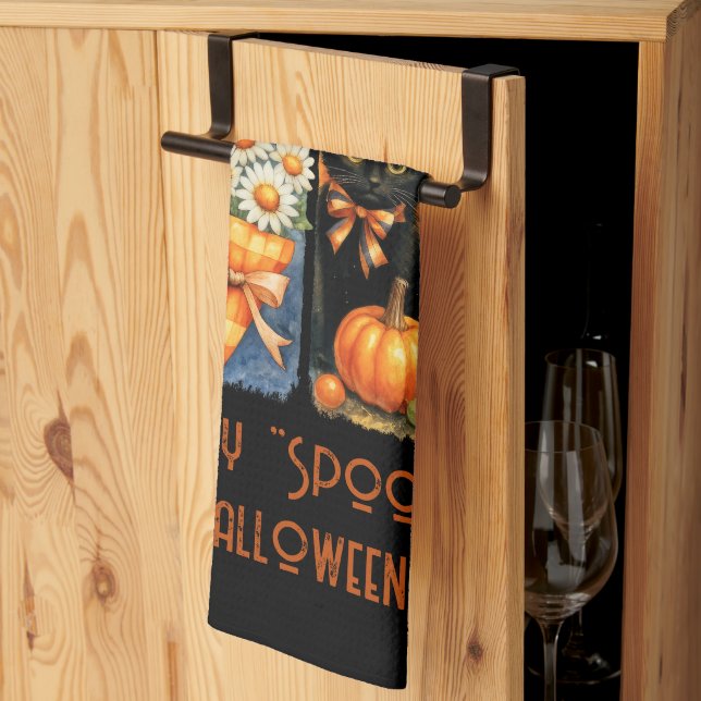 Lycklig "Spooky" Halloween Pumpkins Black Cat Spök Kökshandduk (Thirds Fold)