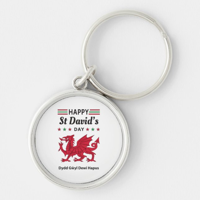 Lycklig St David's Day Dydd GEMEyl Dewi Hapus 5 Rund Silverfärgad Nyckelring (Framsidan)