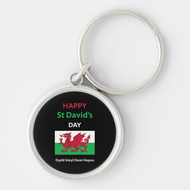 Lycklig St David's Day Dydd GEMEyl Dewi Hapus Rund Silverfärgad Nyckelring (Framsidan)