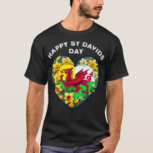 Lycklig St Davids Day Welsh Wales flagga daffodils T Shirt (Framsida)
