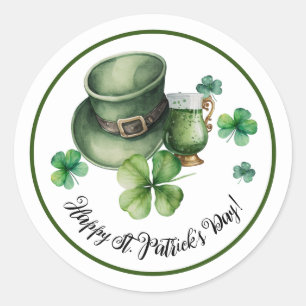 Lycklig St.Patrick dag Leprechaun Hat Grönt Beer Runt Klistermärke