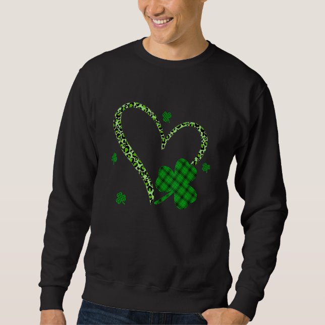 Lycklig St Patrick S Day Irish Shamrock Heart Leop Lång Ärmad Tröja (Framsida)