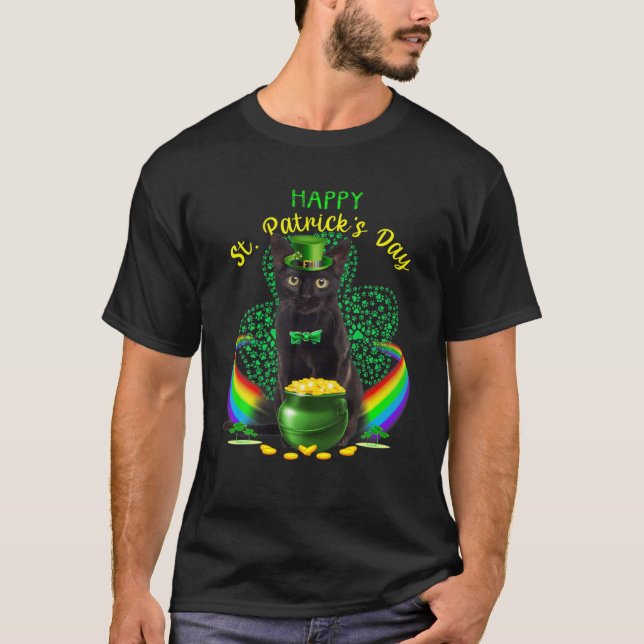 Lycklig St patricks day Black Cat Leprechaun Hat S T Shirt (Framsida)