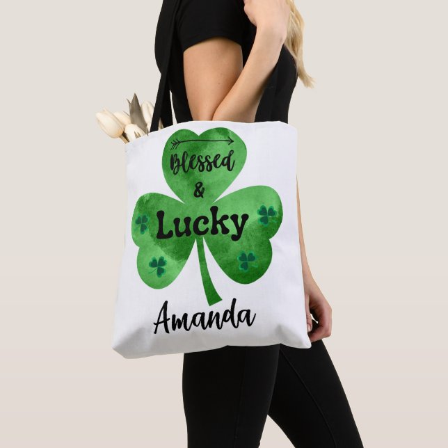 Lycklig St. Patrick's Day Blsed and Lucky Tote Tygkasse (Närbild)