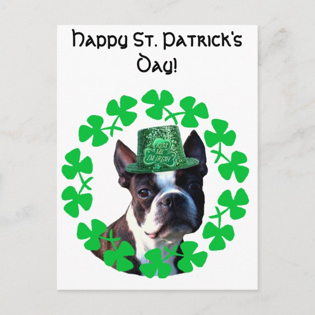 Lycklig St. Patricks Day Boston Terrier Vykort (Framsida)