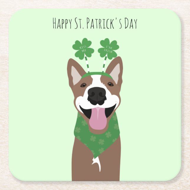 Lycklig St patricks day Brown Hund Grönt Underlägg Papper Kvadrat (Framsidan)