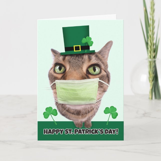 Lycklig St. Patrick's Day Cat in Pandemic Ansikte  Helgkort (Framsida)