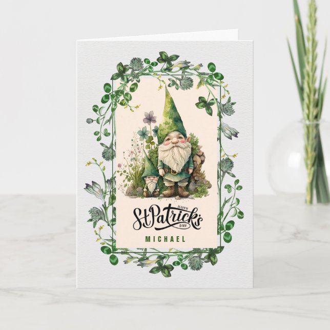 Lycklig St. Patrick's Day. Cute Irish Gnomes Anpas Kort (Framsida)