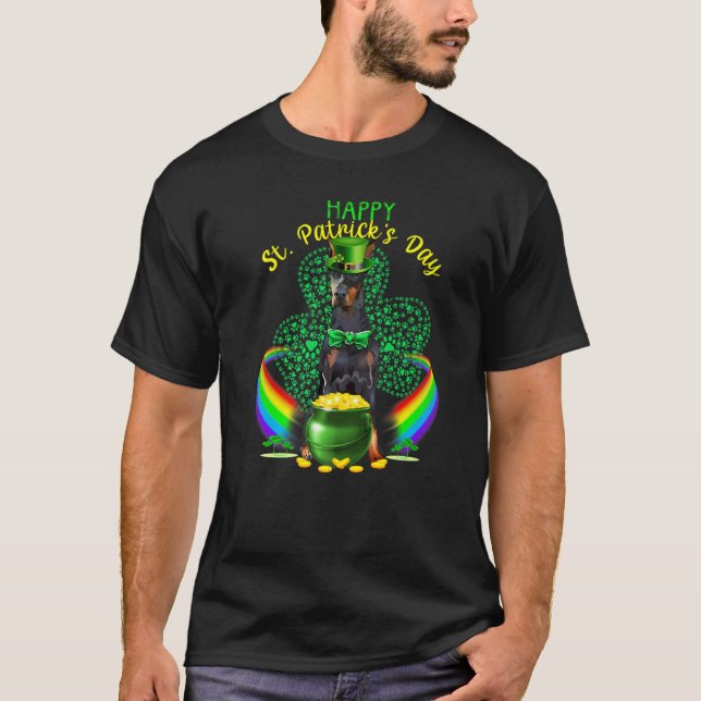 Lycklig St patricks day Doberman Hund Leprechaun H T Shirt (Framsida)