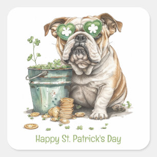 Lycklig St. Patrick's Day English Bulldog Fyrkantigt Klistermärke