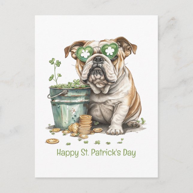 Lycklig St. Patrick's Day English Bulldog Helg Vykort (Framsida)