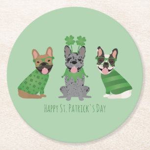 Lycklig St patricks day Fransk Bulldog Underlägg Papper Rund