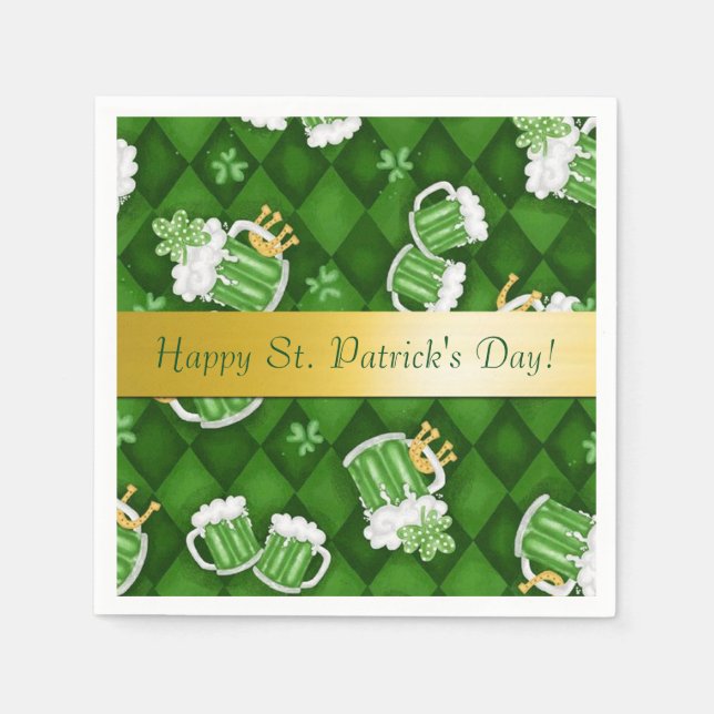 Lycklig St. Patrick's Day Grönt Beer Napkins Pappersservett (Framsidan)