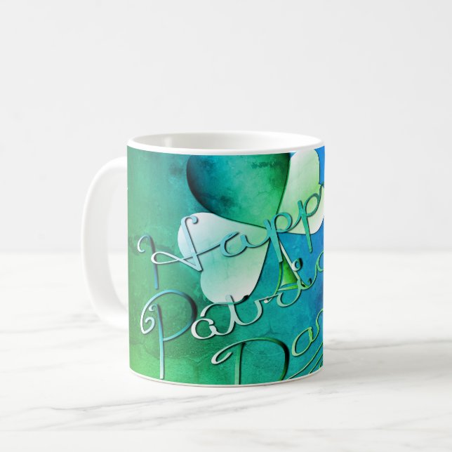 "Lycklig St. Patrick's Day" Handskriven W/Shamrock Kaffemugg (Framsida vänster)