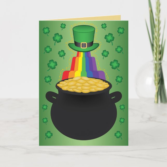 Lycklig St.Patrick's Day Klöver/Rainbow/Pot of Gul Helgkort (Framsida)