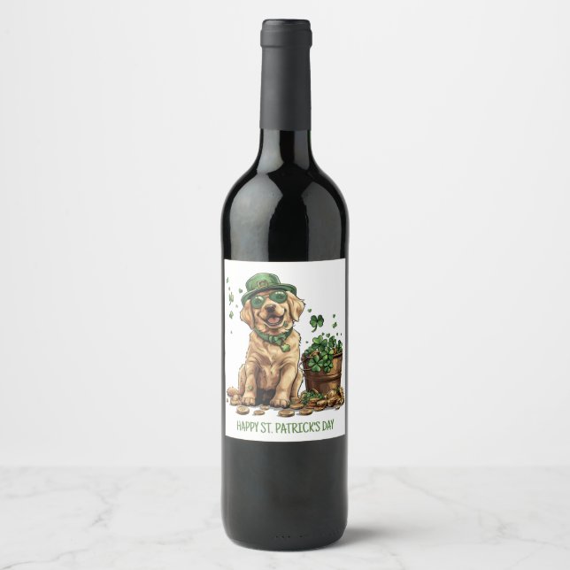 Lycklig St. Patrick's Day Labrador Retriever Hund Vinflaska Etikett (Framsida)